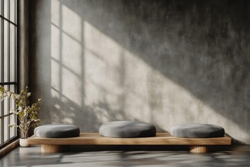 Modern minimalist interior design featuring a cozy seating area with unique cushions and natural light