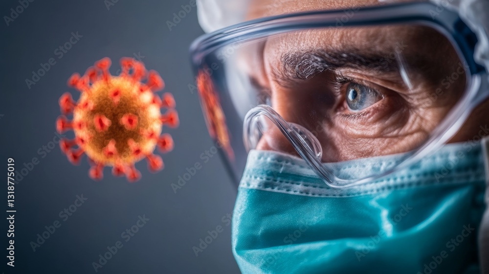 Aufkleber man wearing a mask and goggles is looking at a virus. the man is wearing a lab coat and he is a scie