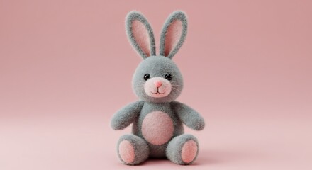 Obraz premium Soft gray plush bunny sits sweetly against a pale pink background bathed in soft light. AI Generated