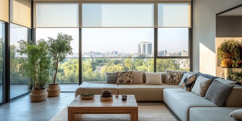Fototapeta premium Panoramic cityscape viewed through a grand window, capturing vibrant lights and dynamic architecture against the skyline