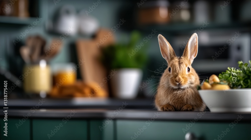 Aufkleber rabbit is sitting on a counter in front of a bowl of food. the rabbit is curious and is looking at t