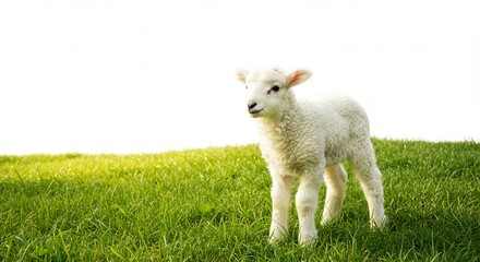 Obraz premium Fluffy lamb stands gracefully in bright sunlight a vibrant green pasture. AI Generated