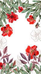 Watercolor frame with red flower, pansies and green meadow plants