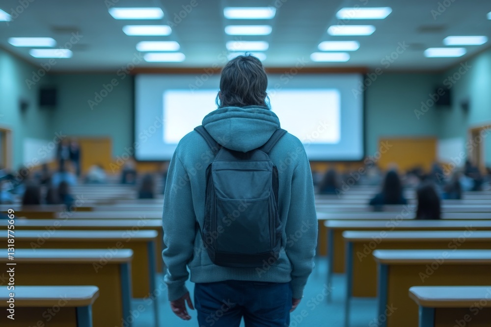 Poster student attending lecture in large classroom with multiple rows of desks and a presentation screen v