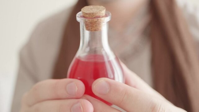A man with a cross around his neck holding a potion in a red glass bottle
