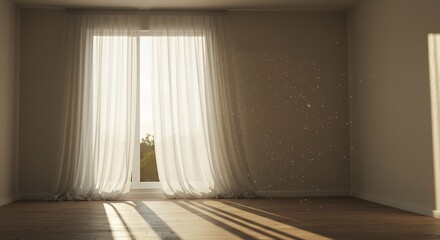 Fototapeta premium Warm sunlight streams through sheer curtains illuminating empty room. AI Generated