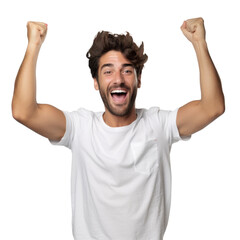 A man is smiling and raising his arms in the air isolated on transparent background
