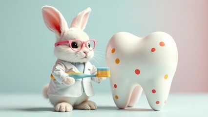 Adorable bunny in glasses and a lab coat brushing a large tooth with spots, on pastel background. Dental care concept