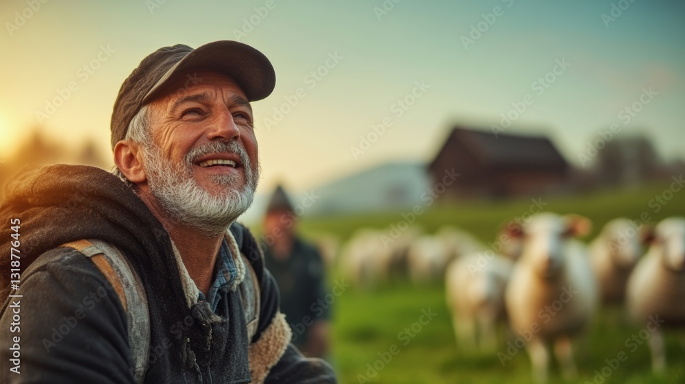 Poster man with a hat and a smile is sitting in a field with a group of sheep. the scene is peaceful and se