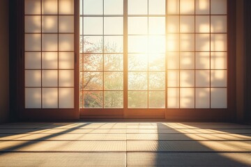 Serenity in a traditional Japanese room at sunset with soft light filtering through shoji screens