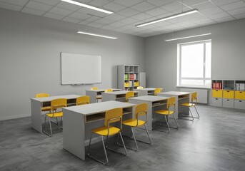 Brightly lit modern classroom boasts minimalist design gray desks yellow chairs. AI Generated