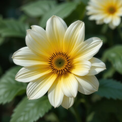 Fototapeta premium Beautiful bright yellow flower with white petals shining under sun, feeling happy and calm in nature garden