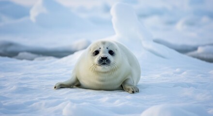 Adorable white seal pup rests peacefully on pristine snow under soft arctic light. AI Generated