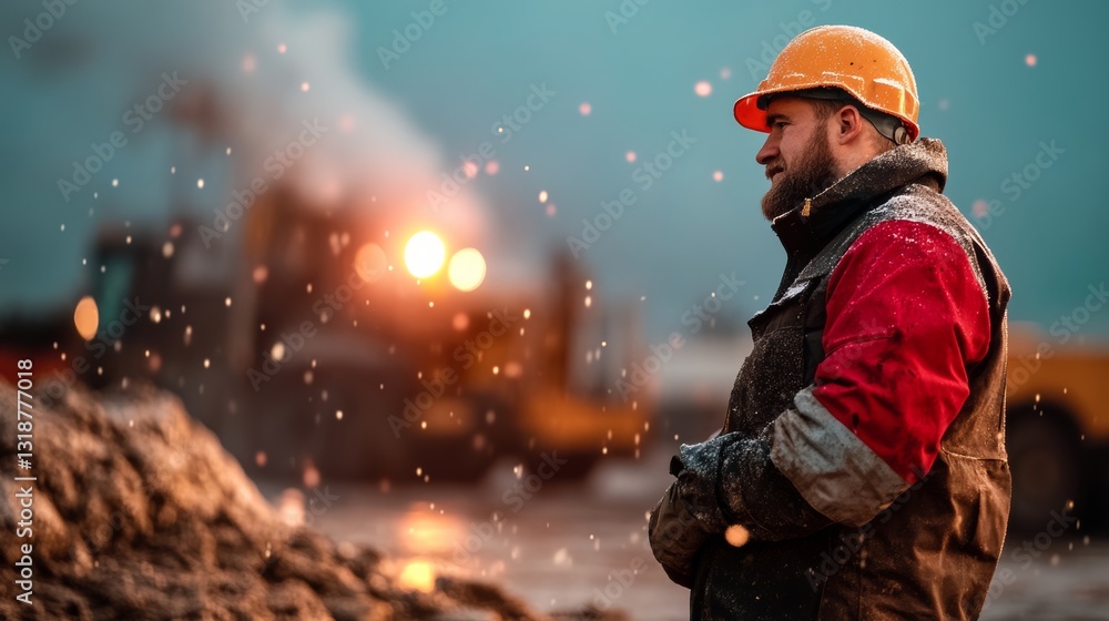 Poster man in a red and orange jacket stands in front of a large construction site. he is wearing a hard ha