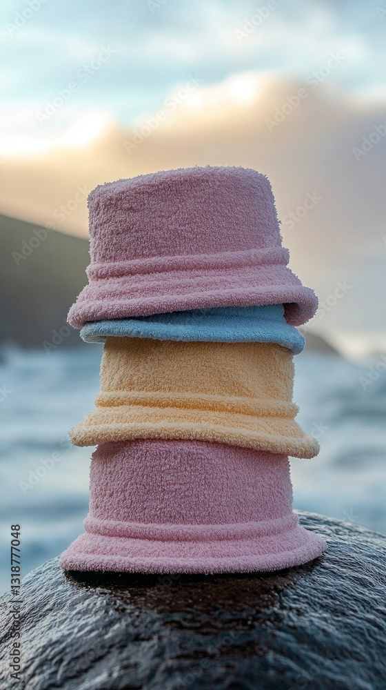 Poster four vibrant hats in soft pastel colors are stacked on a weathered rock. the ocean waves lap against
