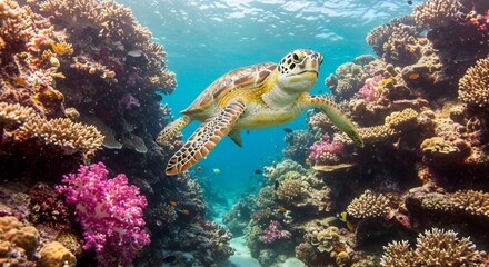 Fototapeta premium Sea turtle gracefully swims vibrant coral reef dappled sunlight. AI Generated