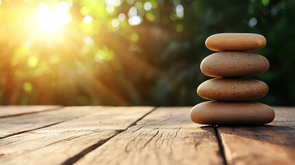 Obraz premium Stacked Stones on Wooden Table at Sunset