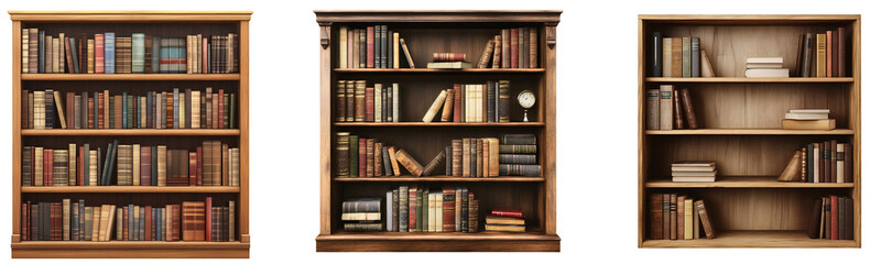 A bookshelf with books on it, transparent background, PNG