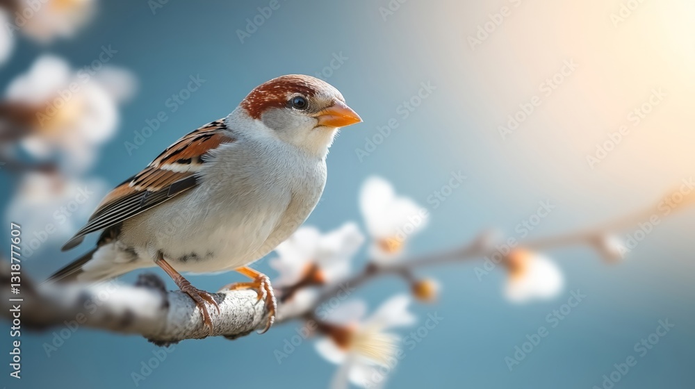 Aufkleber small bird is perched on a branch of a tree. the bird is brown and white in color. the image has a p