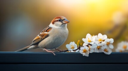 Fototapeta premium Small brown and white bird is perched on a branch of a tree. The bird is looking to the left