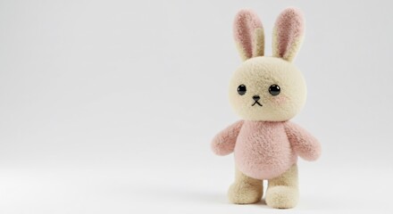 Fototapeta premium Soft pink bunny plush toy stands gently against bright white background. AI Generated