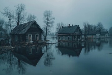 Fototapeta premium Houses submerged in water, reflecting on surface, surrounded by bare trees, under foggy sky