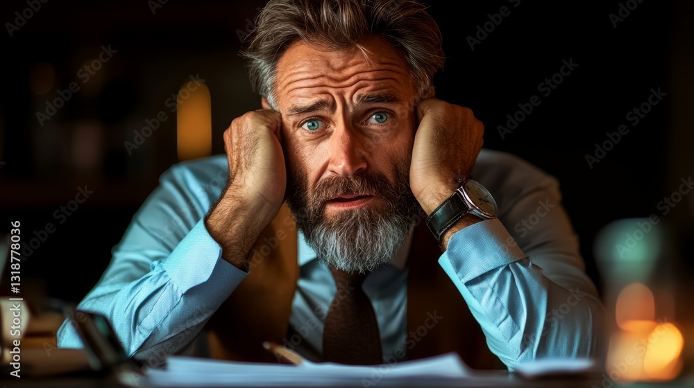 Poster man with a beard and glasses is sitting at a desk with a pen and a piece of paper. he is deep in tho