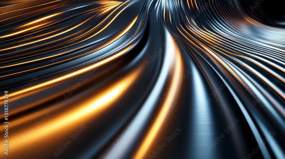 Poster modern and sleek cgi rendering of smooth, curved 3d lines with a glossy metallic finish against a da