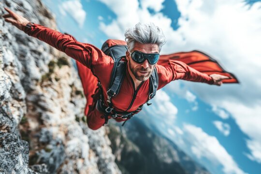 Man in red wingsuit soaring through rocky landscape on a sunny day, showcasing extreme sports and adventure