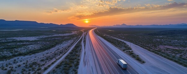 A semi truck travels along a highway at sunset in a landscape