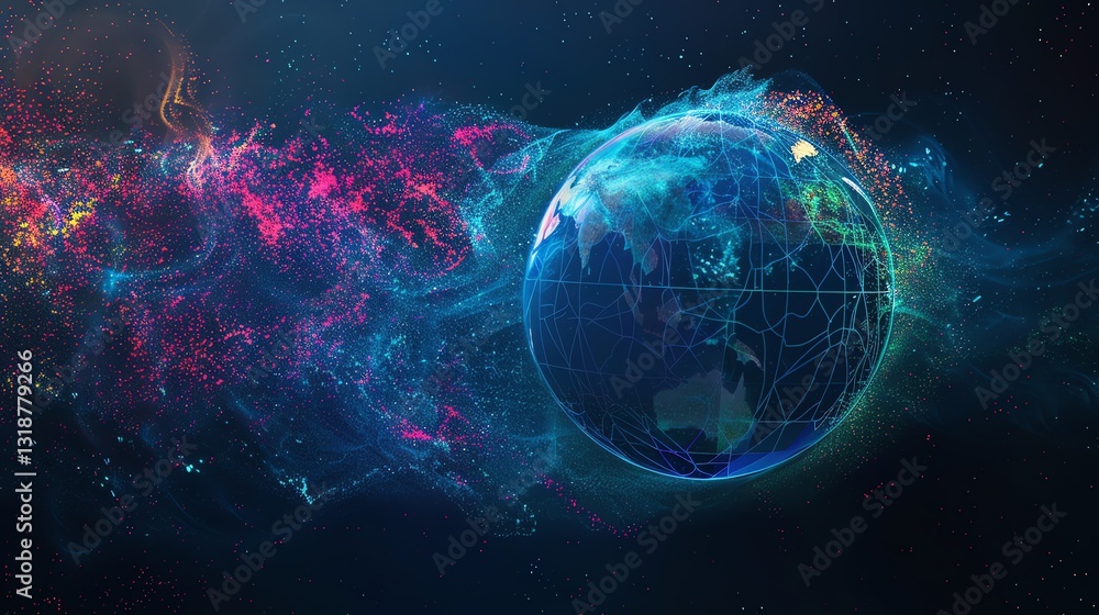 Poster a glowing digital globe with a network of lines and dots.