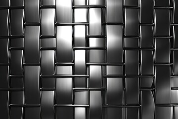 Interwoven strips of reflective metal create a textured pattern with light and shadow