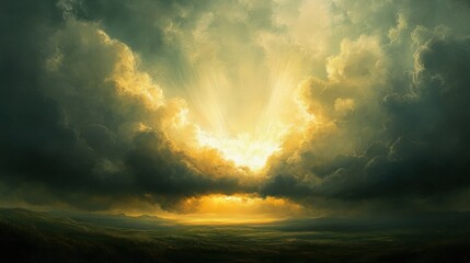 A dramatic landscape with a bright sun peeking through dark clouds.