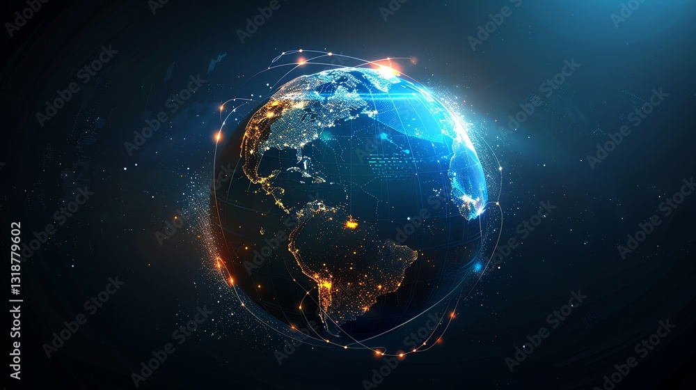 Poster a digital rendering of the earth with glowing lines representing connectivity.