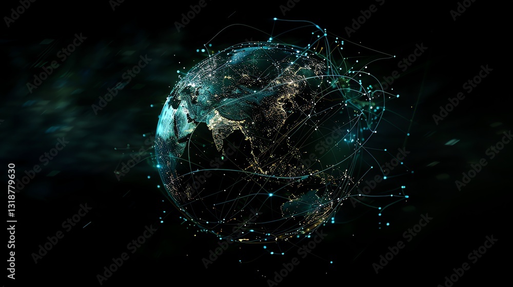 Poster a digital rendering of the earth with glowing lines representing connectivity.