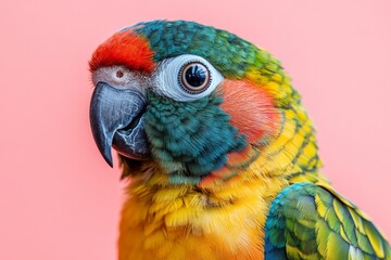 Colorful parrot perched against a pink background showcasing vibrant feathers and curious expression