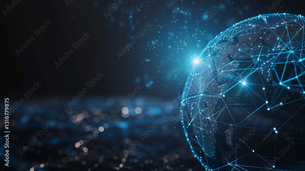 Poster a digital rendering of a glowing earth globe with a network of lines and dots.