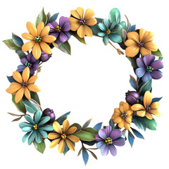 A vibrant floral wreath featuring colorful flowers, perfect for adding a natural touch to any design or celebration.