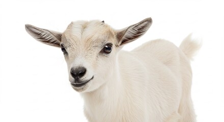 Fototapeta premium Adorable baby goat playfully poses against bright white background. AI Generated