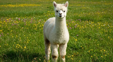 Fototapeta premium Adorable fluffy alpaca stands serenely in bright sunlight amongst wildflowers. AI Generated