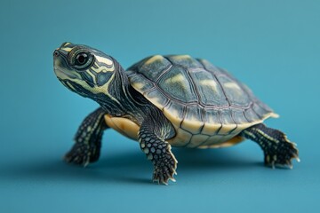 Obraz premium Detailed view of a colorful turtle walking on a smooth turquoise surface in bright lighting