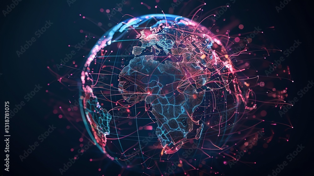 Poster a digital rendering of a glowing earth globe with a network of lines and dots.