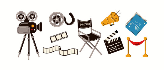 Illustration featuring essential filmmaking tools including a vintage camera, directors chair, megaphone, film reel, and script, drawn in a modern vector style.
