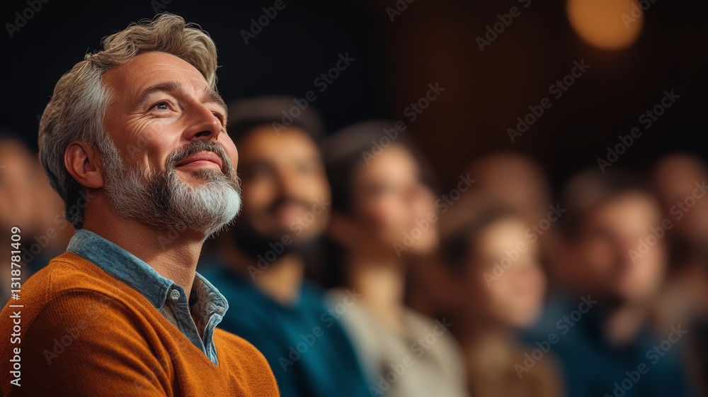 Poster man with a beard and gray hair is smiling at the camera. he is surrounded by a crowd of people, some
