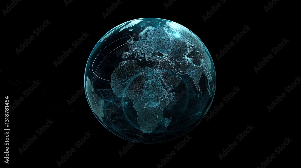 Poster a digital rendering of the earth with glowing lines and data points, set against a black background.