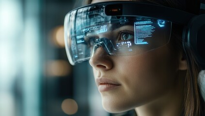 Close-up of a woman wearing augmented reality headset displaying holographic digital interface representing future technology innovation and virtual interaction