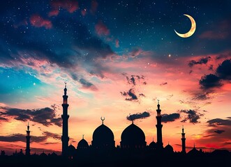 Eid al-Fitr background with mosque silhouettes against the sky at sunset, crescent moon and stars, concept of the Muslim holiday Ramadan Kareem celebration.