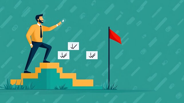 Businessman achieving goal, steps success, flag, checklist