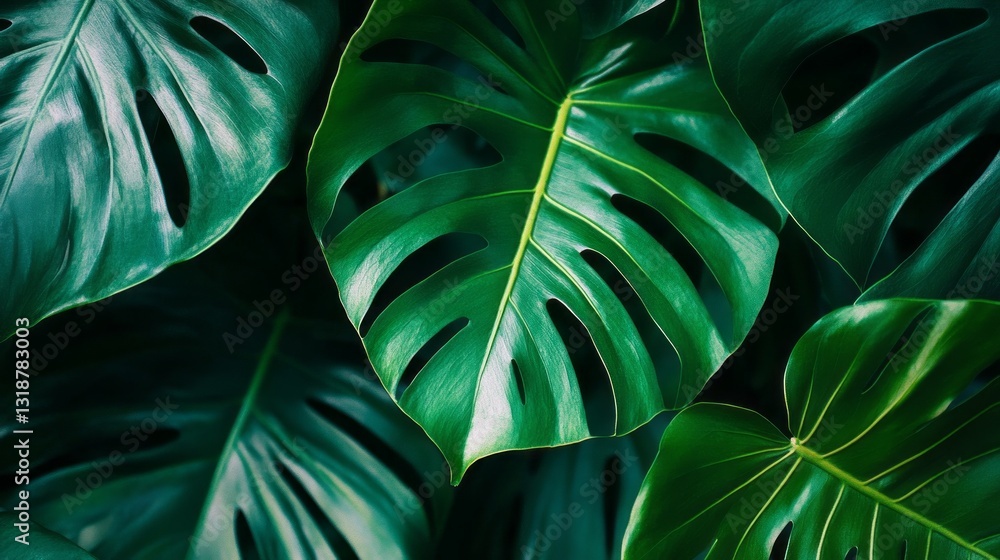 Poster lush monstera leaves create a vibrant tapestry of green, highlighting their unique split patterns an