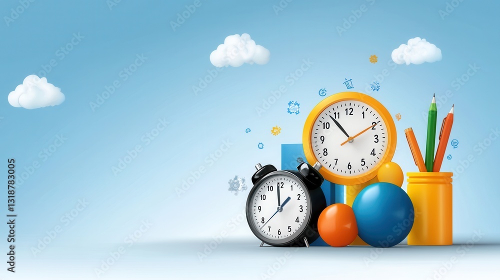 Poster productivity and efficiency icon collection with office desk accessories and time management symbols